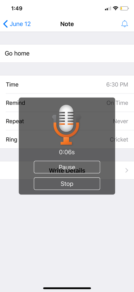Daily Notes - Voice memo recording interface in the Daily Notes app with a microphone icon and timer