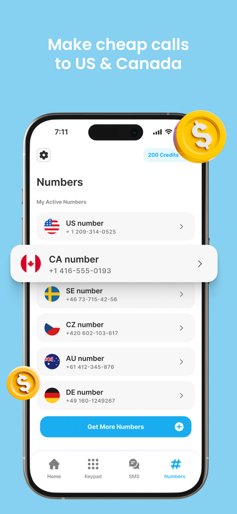 SkyTalk app interface showing a list of active international phone numbers for the US, Canada, Sweden, and other countries.
