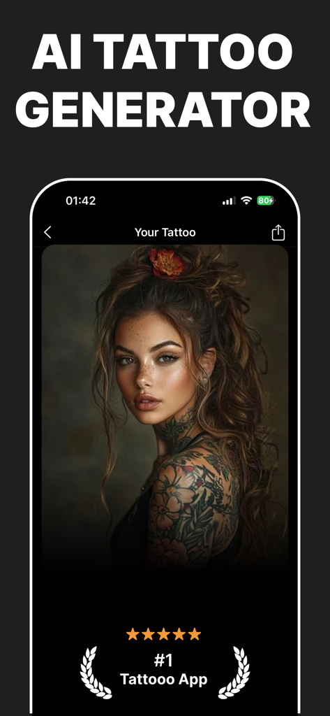 AI Tattoo Design Generator－Ink - La aplicación Generador de Diseños de Tatuajes IA muestra un tatuaje floral realista en una mujer
