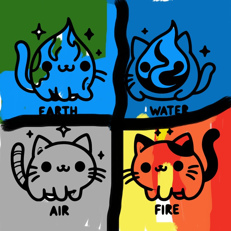 4 cats that represent the different elements, earth, water, air, and fire