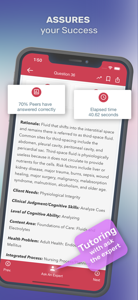 Écran de l'application d'étude NCLEX-PN montrant une explication détaillée des questions et la fonction de tutorat d'expert.