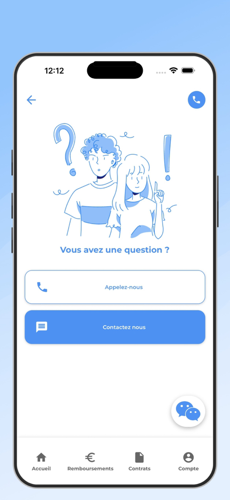 건강 보험 문의를 위해 전화 또는 메시지 고객 지원 옵션이 있는 HEYME 앱의 연락처 화면.