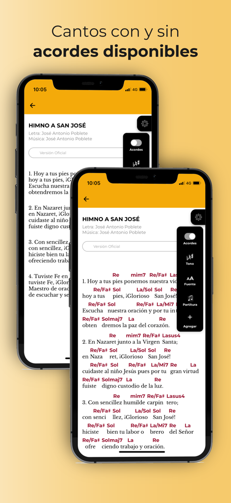 Canto Católico - Two mobile screens displaying Catholic hymn lyrics with and without guitar chords