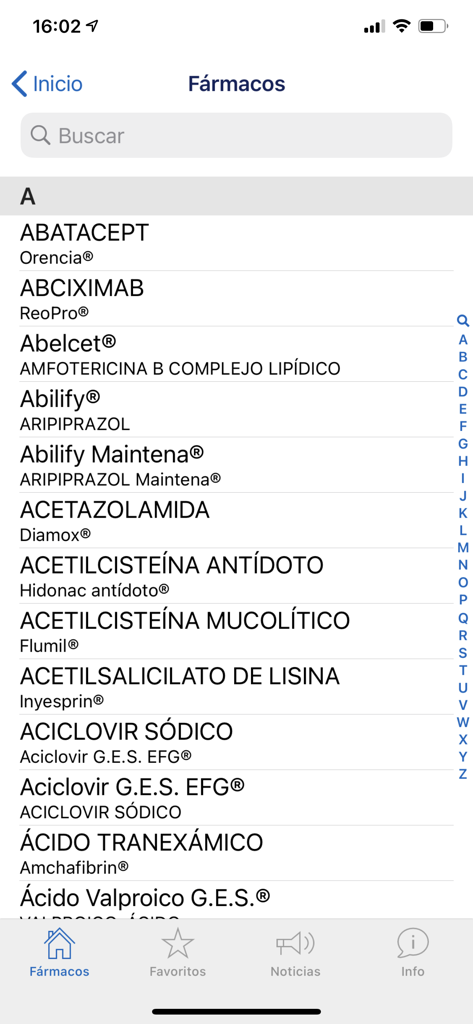 Medicamentos vía parenteral - Lista de medicamentos organizados por orden alfabetico con nombres genericos y comerciales en la aplicacion movil