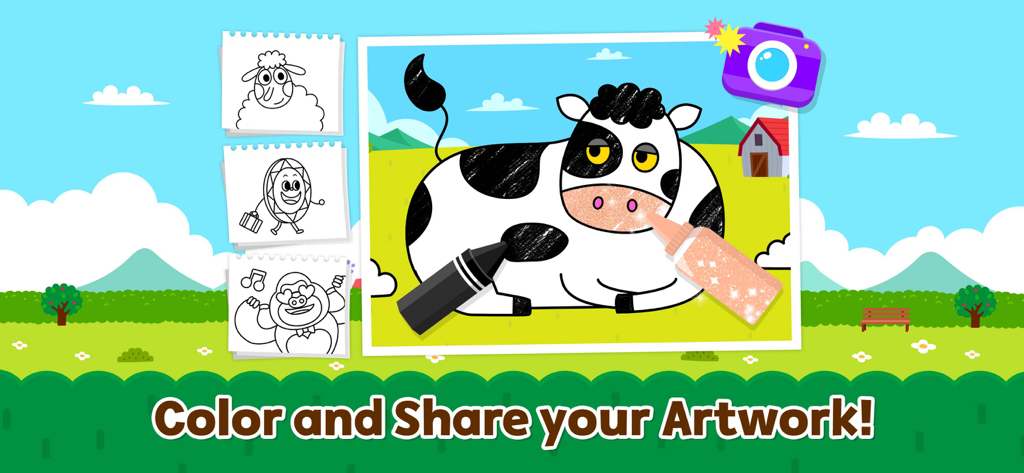 Pinkfong Mother Goose - Interactive coloring page in the Pinkfong Mother Goose app featuring a cow character and art tools