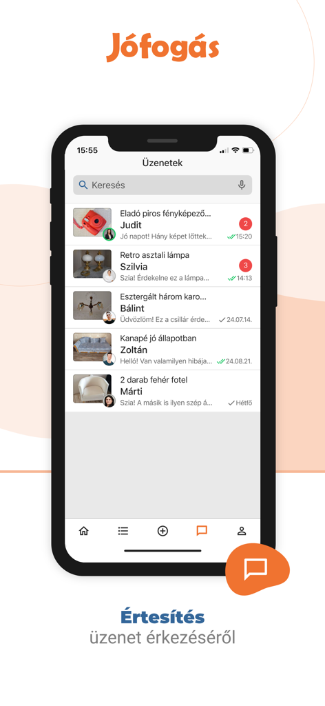 Jofogas mobile app chat interface showing a list of messages from buyers and sellers about various marketplace items.