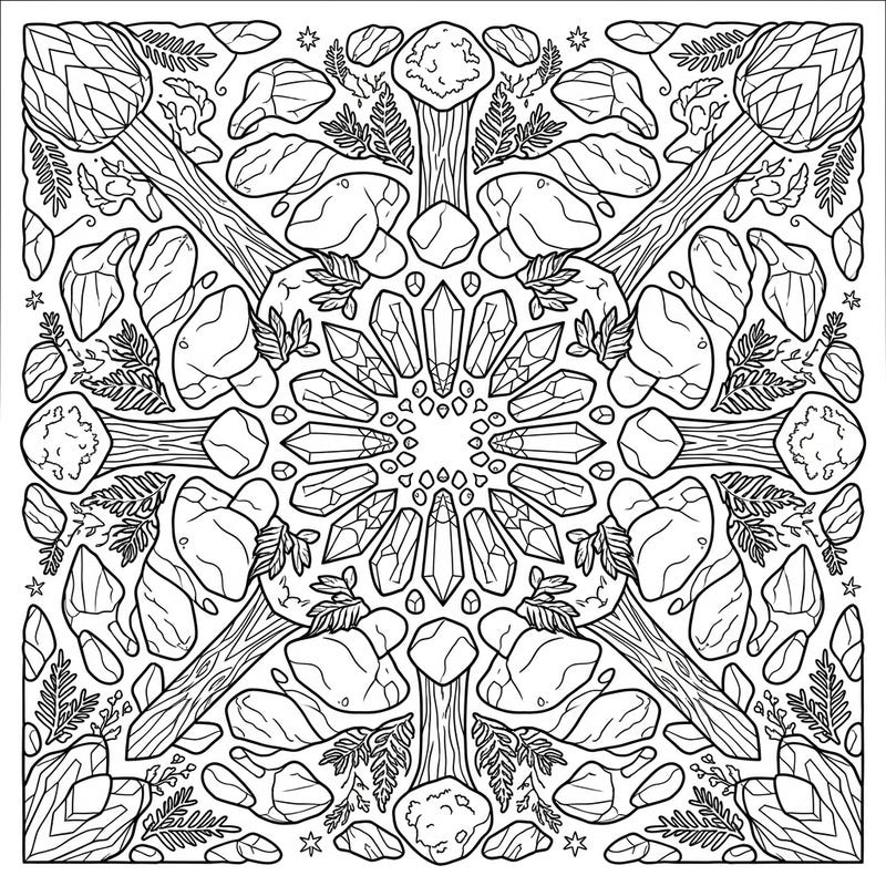 Unearth tranquility with this stunning Forest Rocks Mandala coloring page. Its intricate design, blending natural stone formations with beautiful radial symmetry, offers a captivating escape for all ages.