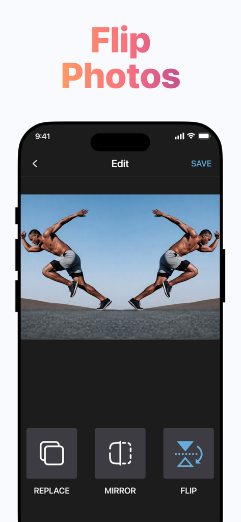 Layout for Instagram + - Interfaz de smartphone que muestra las funciones de edición de fotos voltear y espejo con una imagen de un corredor reflejada