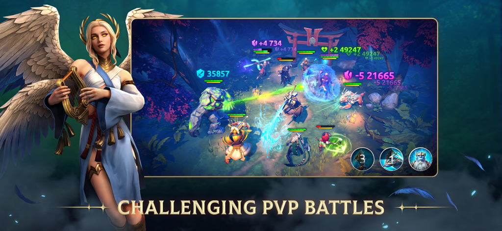 A tactical turn based PvP battle in the fantasy RPG Age of Magic featuring powerful heroes and magical effects.