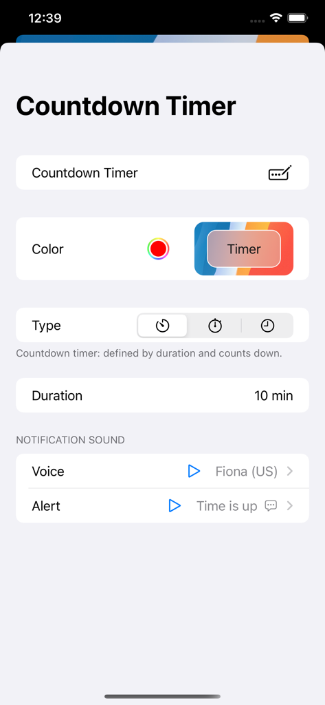 VoyTimer: Talking Voice Timer - Pantalla de configuración del temporizador de cuenta regresiva de VoyTimer con configuraciones de notificación de voz.