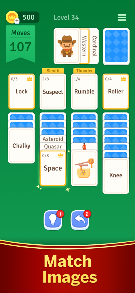 Solitaire style card game interface where players match image and word cards into categories