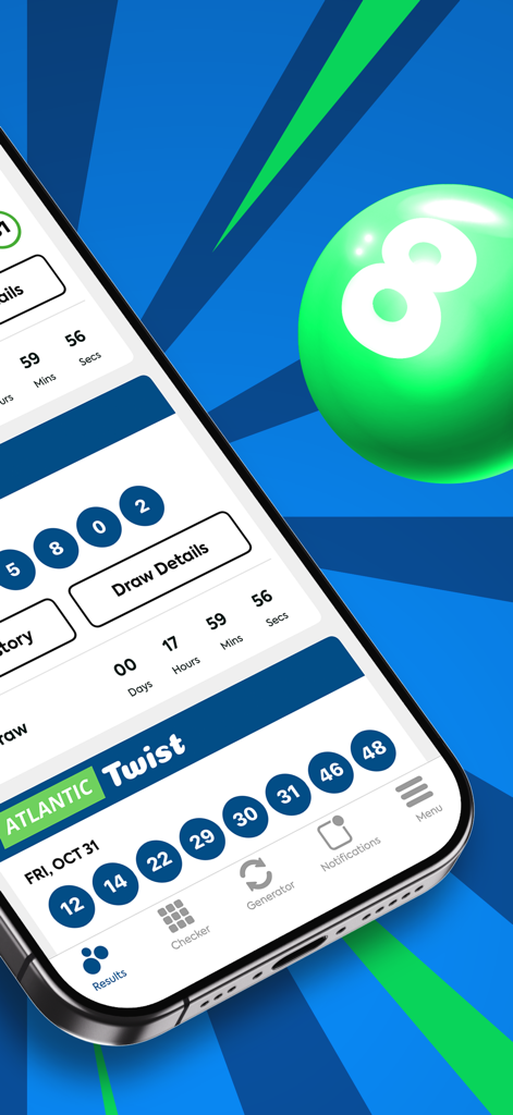Interfaz de la app móvil Lotto Max mostrando los resultados del sorteo Atlantic Twist y un temporizador de cuenta atrás