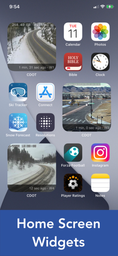 iPhone home screen displaying live CDOT traffic camera widgets for Colorado road conditions
