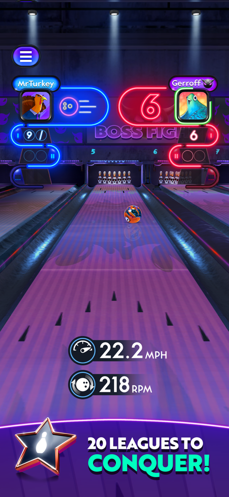 Bowling Fury: Ten Pin King - Una partida de bolos PvP 3D en Bowling Fury mostrando pistas de neón y estadísticas de jugadores
