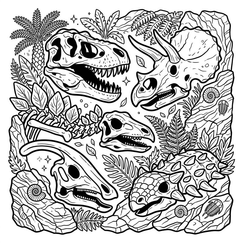 Step into a fascinating prehistoric world with this intricate coloring page showcasing an array of fossilized dinosaur skulls. It's a perfect blend of history and artistry, inviting you to add vibrant life to these ancient remains.