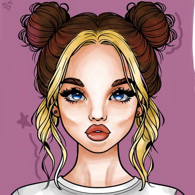 realistic girl with two buns in hair and lips