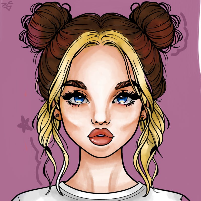 realistic girl with two buns in hair and lips