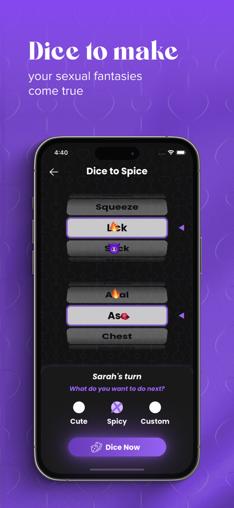 Pantalla móvil que muestra la interfaz gamificada Dice to Spice para parejas adultas.