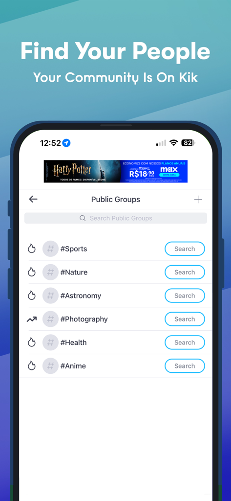 Pantalla de smartphone que muestra la interfaz de búsqueda de Grupos Públicos de Kik con categorías basadas en intereses como Deportes, Naturaleza y Anime.