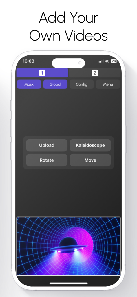 프로젝션 매핑을 위한 사용자 정의 동영상 추가 및 편집을 보여주는 Lazy Lighting 앱 인터페이스의 스마트폰 화면