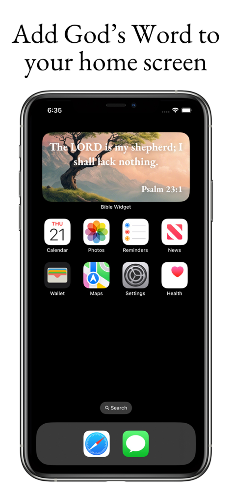 Bible Widget - iPhone home screen featuring a Bible verse widget with Psalm 23:1 over a scenic nature background.