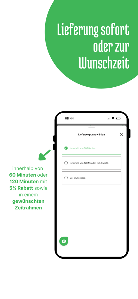 Alfies - Alfies mobile App-Bildschirm mit Lieferzeitoptionen, einschließlich 60 Minuten und einem Rabatt für 120 Minuten