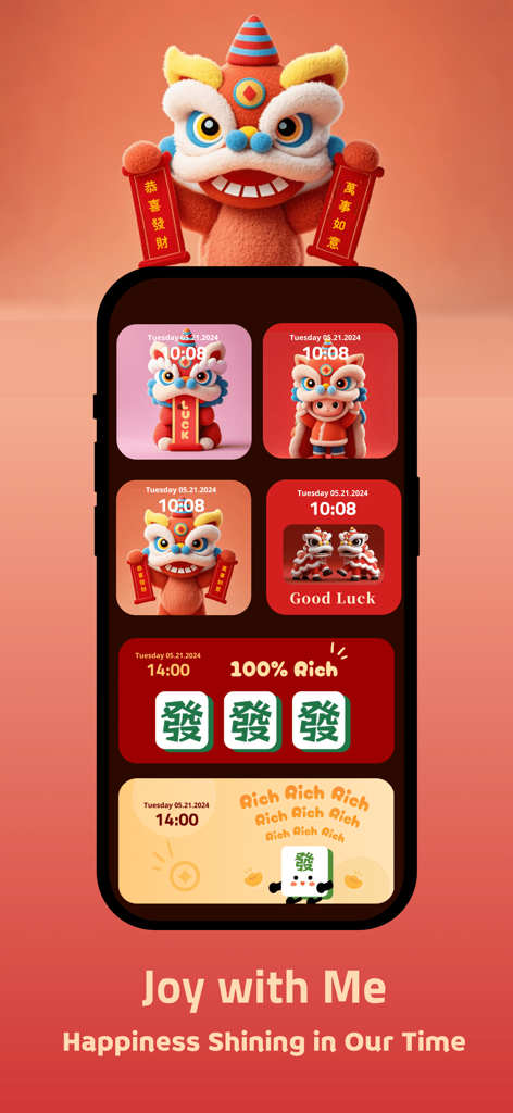 iPhone home screen with festive red lion dance and prosperity themed widgets