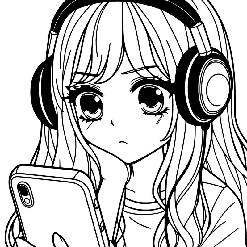 girl staring down at her phone with headsets