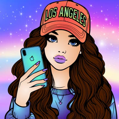 realistic beautiful girl wearing los ángeles cap holding an iphone