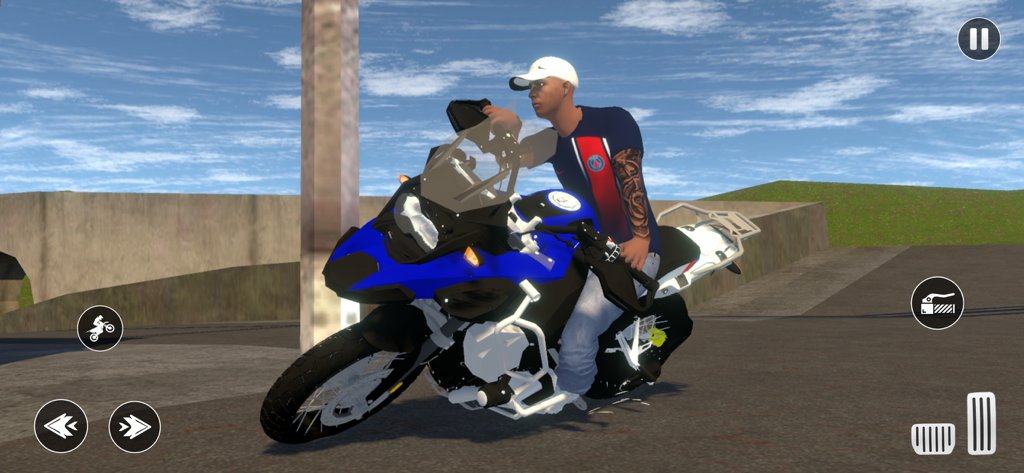 MX Dirt Bike Moto Garu Games - 화면 컨트롤이 있는 3D 시뮬레이션 게임에서 파란색과 검은색 오토바이를 타고 있는 흰색 캡 모자 캐릭터