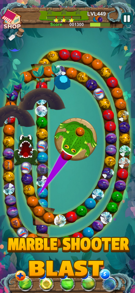 Marble Jungle: Blast Master 3D - Gameplay of Marble Jungle showing a frog shooting marbles to match colors on a winding track.