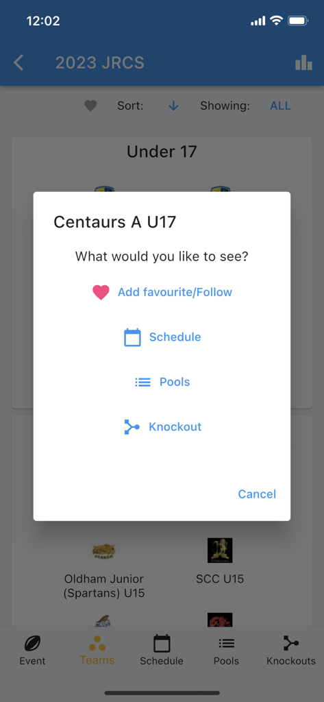 La aplicación Visor de Torneos Macoocoo muestra el menú de equipo con opciones de grupos de calendario y eliminatorias.