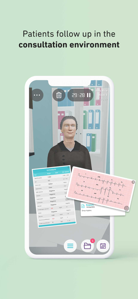 Body Interact - Body Interact clinical simulator screen showing a virtual patient with urinalysis and ECG test results