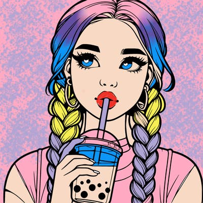 realistic girl with braided hair drinking boba