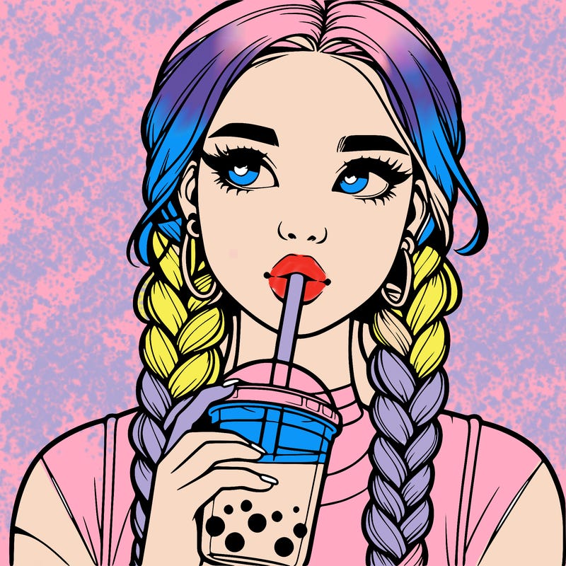 realistic girl with braided hair drinking boba