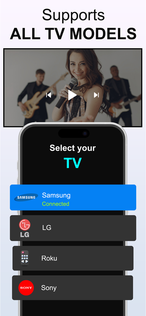 Screen Mirroring + Cast To TV - Samsung、LG、Roku、Sony TVモデルのスクリーンミラーリングサポートを示すインターフェース。