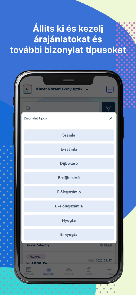 La interfaz de la aplicación móvil Billingo que muestra un menú de selección para crear diversos documentos financieros como facturas y recibos