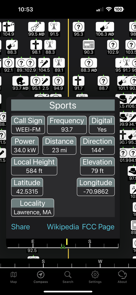 Technical data display in the FM Towers USA app for a sports radio station showing frequency, signal power, and distance.