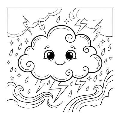 Introduce your child to a gentle storm with this adorable coloring page! Featuring a friendly cloud, soft rain, and distant lightning, it's perfect for a creative and imaginative coloring session.