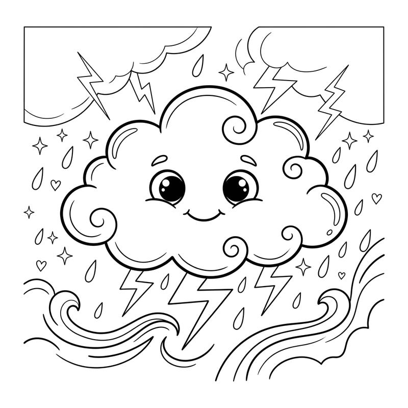 Introduce your child to a gentle storm with this adorable coloring page! Featuring a friendly cloud, soft rain, and distant lightning, it's perfect for a creative and imaginative coloring session.