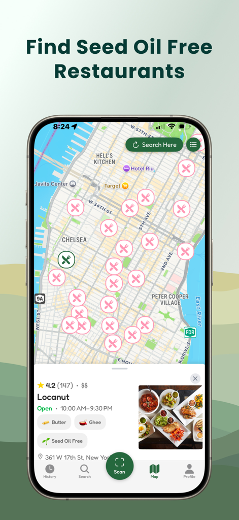Olive - Holistic Food Scanner - Olive app interface showing a map of Manhattan with icons for seed oil free restaurants and a detail card for a restaurant named Locanut.