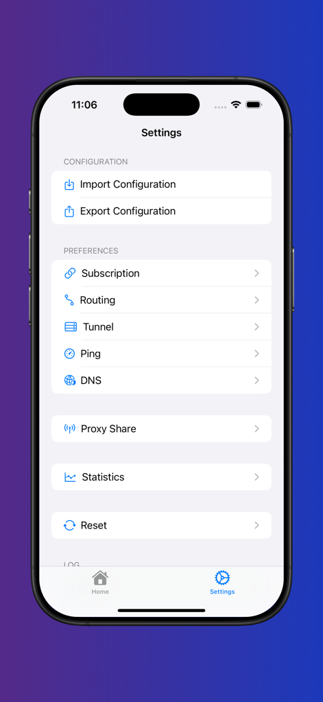 Settings menu of the Streisand app displaying proxy configuration preferences and routing options
