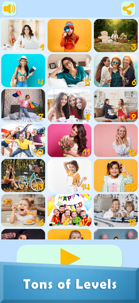 Find Differences: Happy People - Level selection screen showing a grid of real photographs featuring happy people in a spot the difference game.