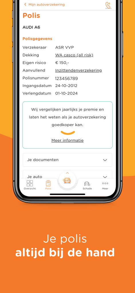 Smartphone screen displaying car insurance policy details in the UnitedConsumers app