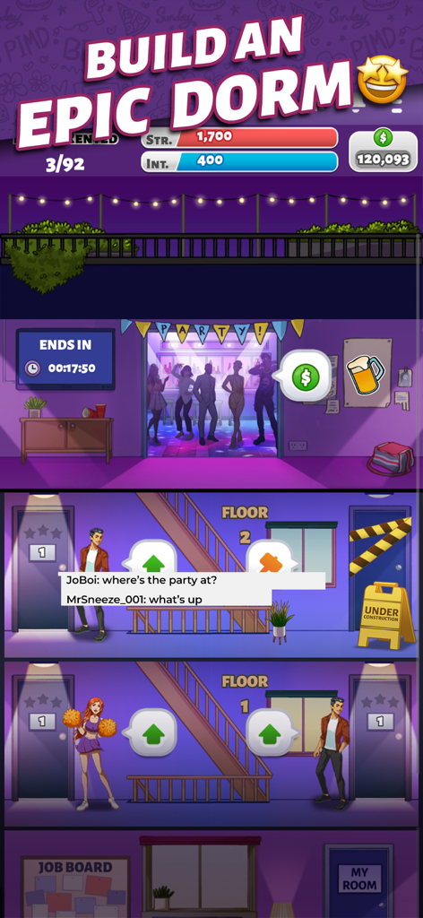 Party in My Dorm: Campus Life - Gameplay screenshot of Party in My Dorm showing multiple dorm floors and character interactions