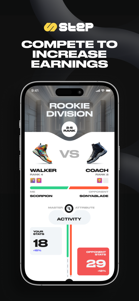 Step App: M2E Running App - Step App competitive duel screen showing user stats and NFT sneakers in the Rookie Division