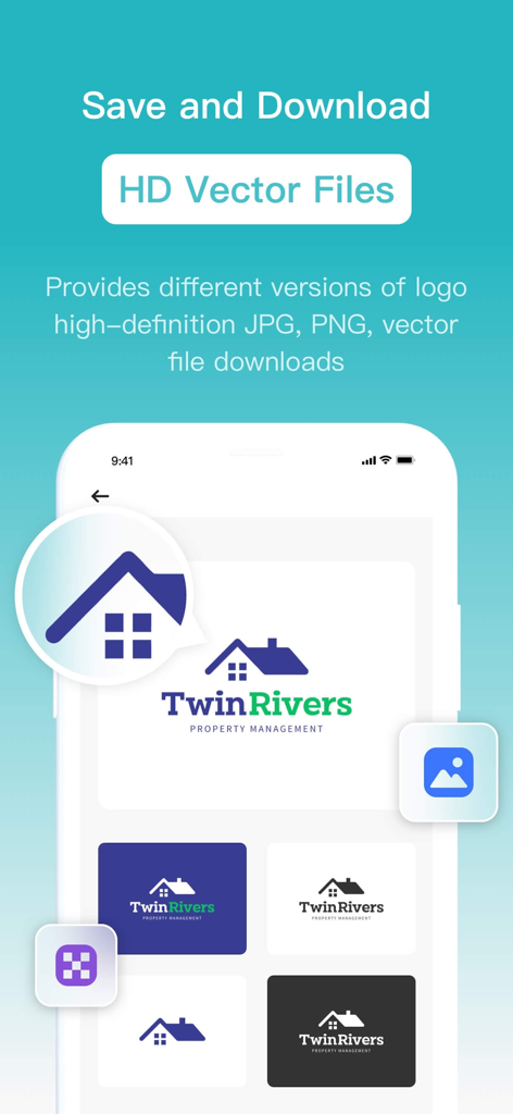 LogoAI Maker - Interface showing HD vector logo download options including JPG and PNG formats