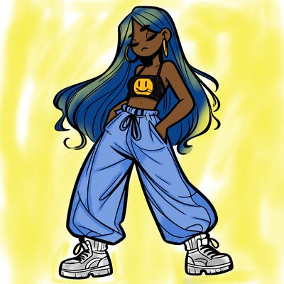 girl in baggy pants crop top and long hair