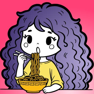 girl with curly long hair eating ramen