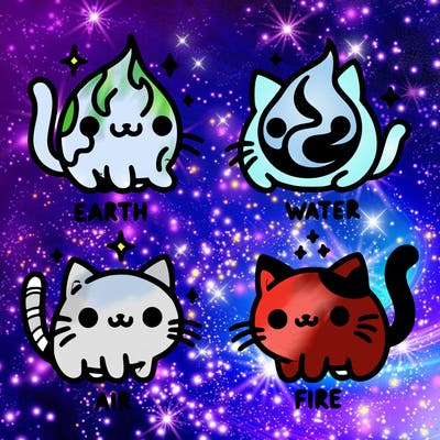 4 cats that represent the different elements, earth, water, air, and fire